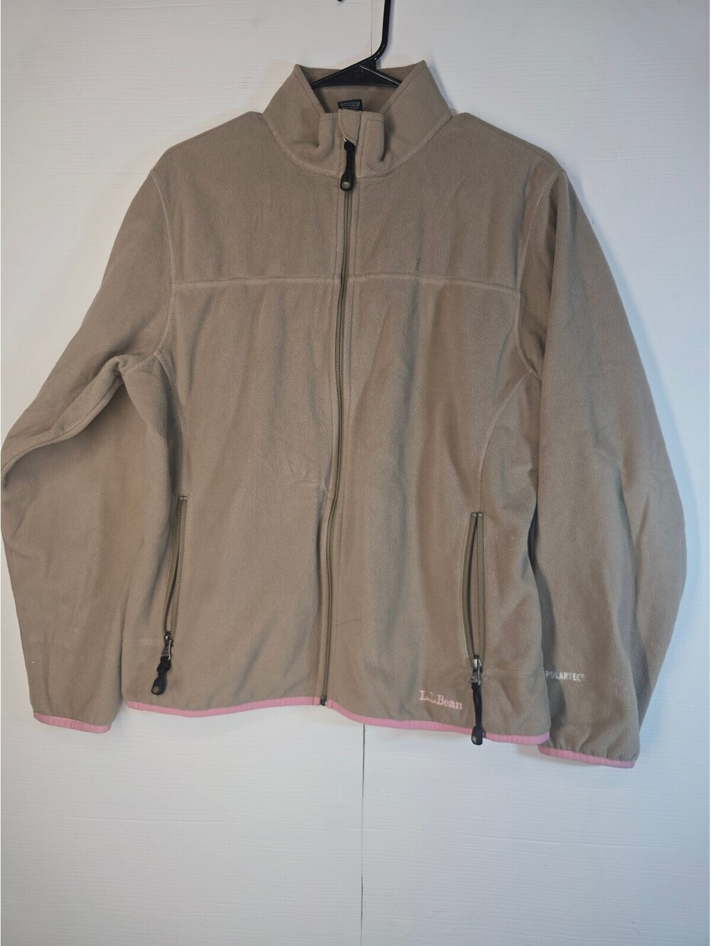 LL Bean Womens Medium Polartec Fleece Jacket Beige Tan Pink Trim Full Zip